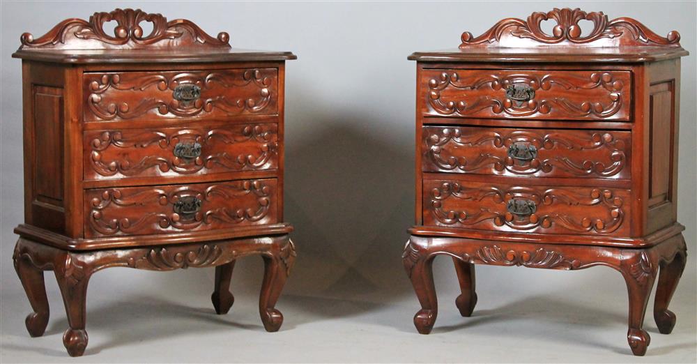 Appraisal: PAIR OF LOUIS XV STYLE MAHOGANY BEDSIDE TABLES shaped molded