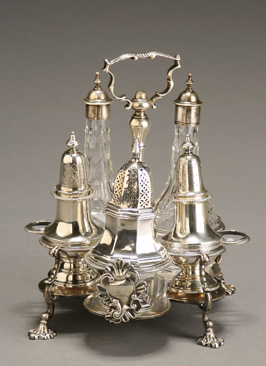 Appraisal: George III Irish Silver Cruet Stand Maker's mark WB in