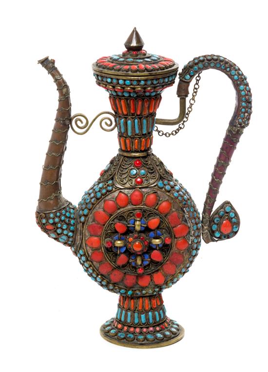 Appraisal: Sale Lot A Tibetan Silver and Hardstone Inset Wine Ewer