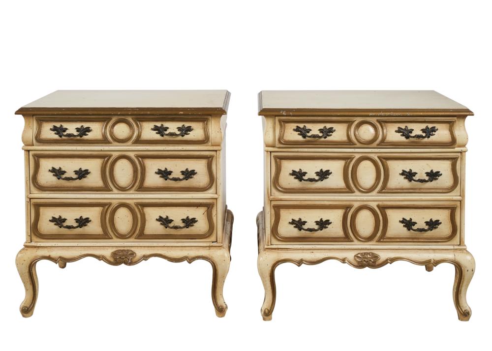 Appraisal: PAIR FRENCH PROVINCIAL-STYLE PAINTED WOOD NIGHTSTANDSmanufacturer's label Carcassonne Collection Meyer