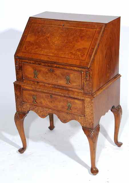 Appraisal: A QUEEN ANNE STYLE BURR WALNUT VENEERED SMALL BUREAU the