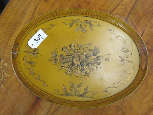 Appraisal: French Tole Tin Tray musical decor on mustard yellow gallery