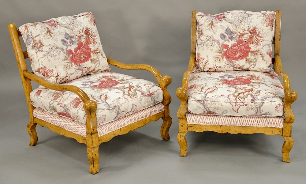 Appraisal: Pair of Louis XV style armchairs with upholstered cushions ht