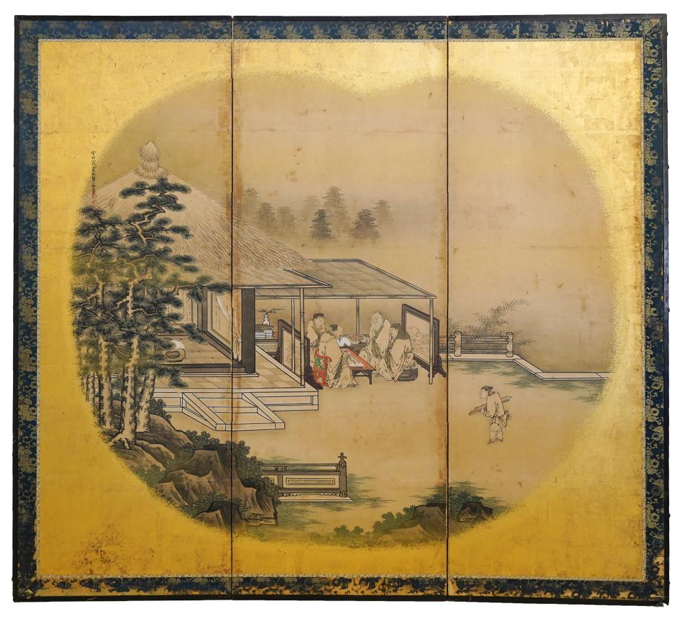 Appraisal: JAPANESE THREE-PANEL SCREENpainted in colors on paper depicting seated figures