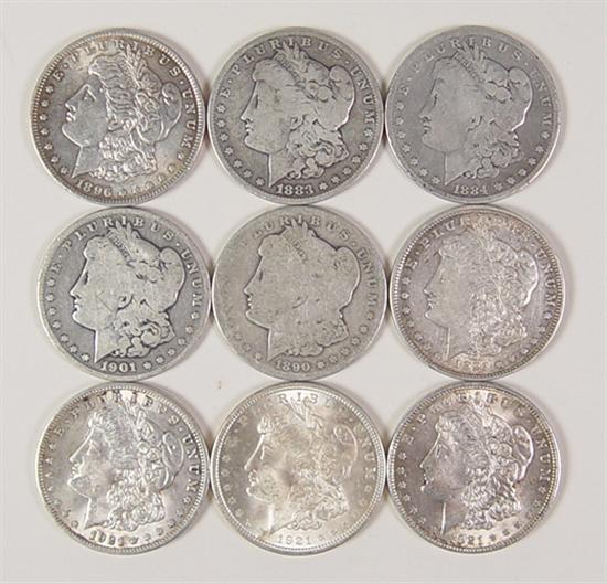 Appraisal: Nine Morgan Dollars -O -O -O plus four dated Grades