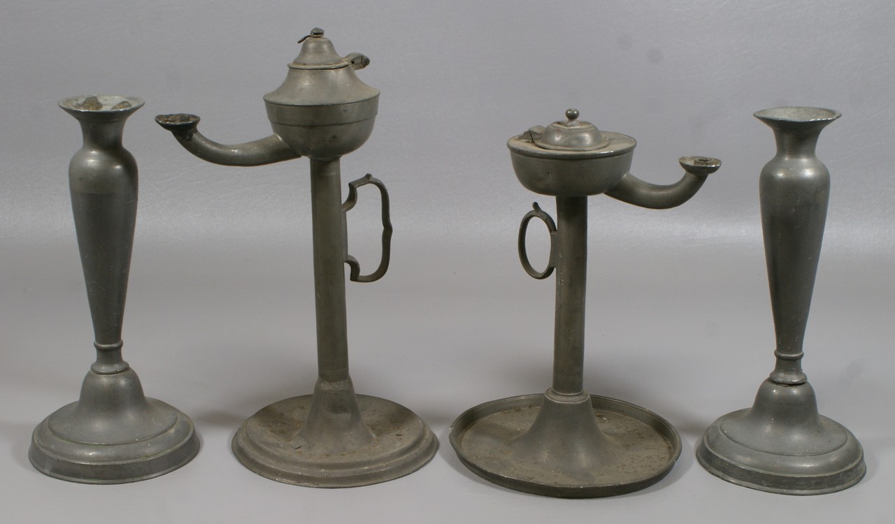 Appraisal: continental pewter wick lamps tallest with some dents in base