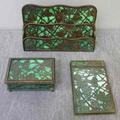 Appraisal: TIFFANY STUDIOS Partial Desk Set Including aGrapevine Pattern Letter Rack