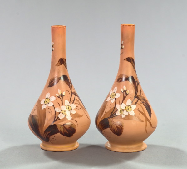 Appraisal: Pair of English Floral-Enameled Fireglow Satin Glass Tall-Neck Garniture Vases