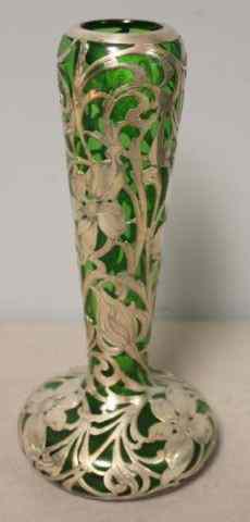 Appraisal: STERLING Overlay Green Glass Vase Marked sterling silver deposit From