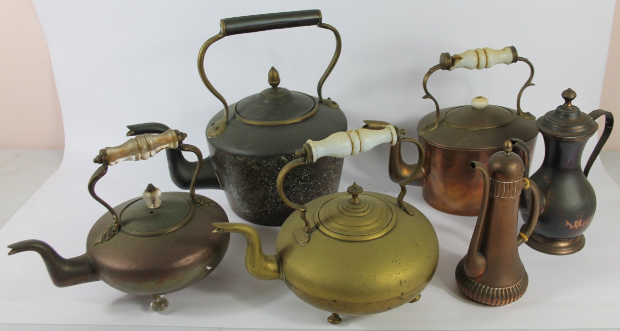 Appraisal: Six various brass and copper tea and coffee pots