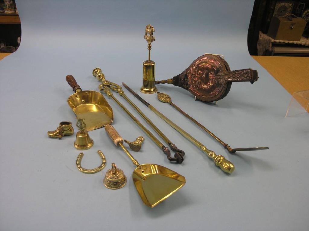 Appraisal: Fireside accessories including an Art Nouveau embossed copper bellows