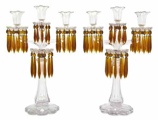 Appraisal: A Pair of Victorian Cut Glass Three-Light Candelabra each hung