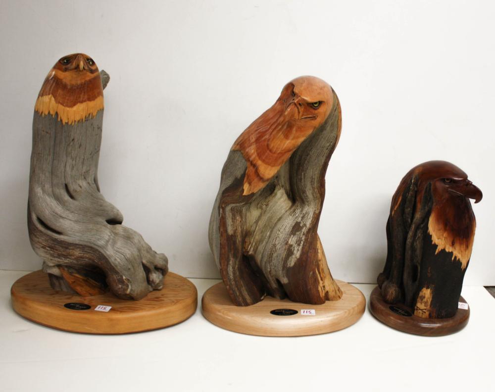 Appraisal: DALE CRAWFORD Oregon - three carved wood sculptures two bald