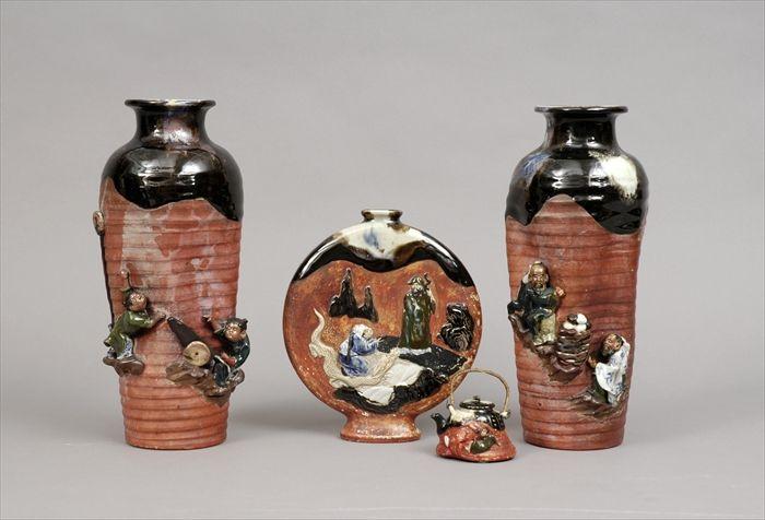 Appraisal: Three Japanese Sumida Gawa Pottery Vases Together with a Sumida