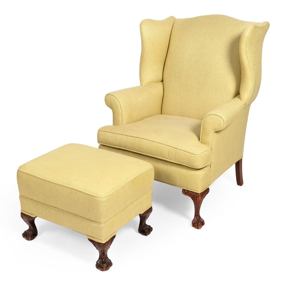 Appraisal: CHIPPENDALE-STYLE WING CHAIR WITH OTTOMAN TH CENTURYCHIPPENDALE-STYLE WING CHAIR WITH