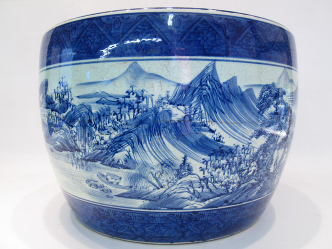 Appraisal: JAPANESE PORCELAIN JARDINIERE with blue and white painted landscape height