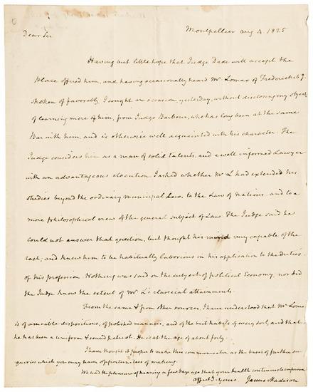 Appraisal: MADISON James Autograph letter signed to Thomas Jefferson discussing the