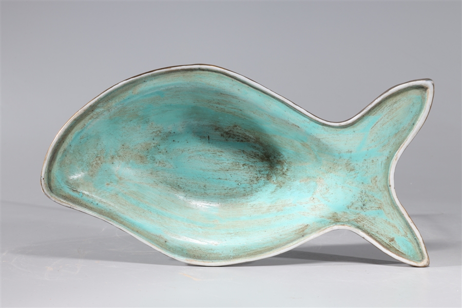 Appraisal: Chinese turquoise fish form dish with gilt detail some wear