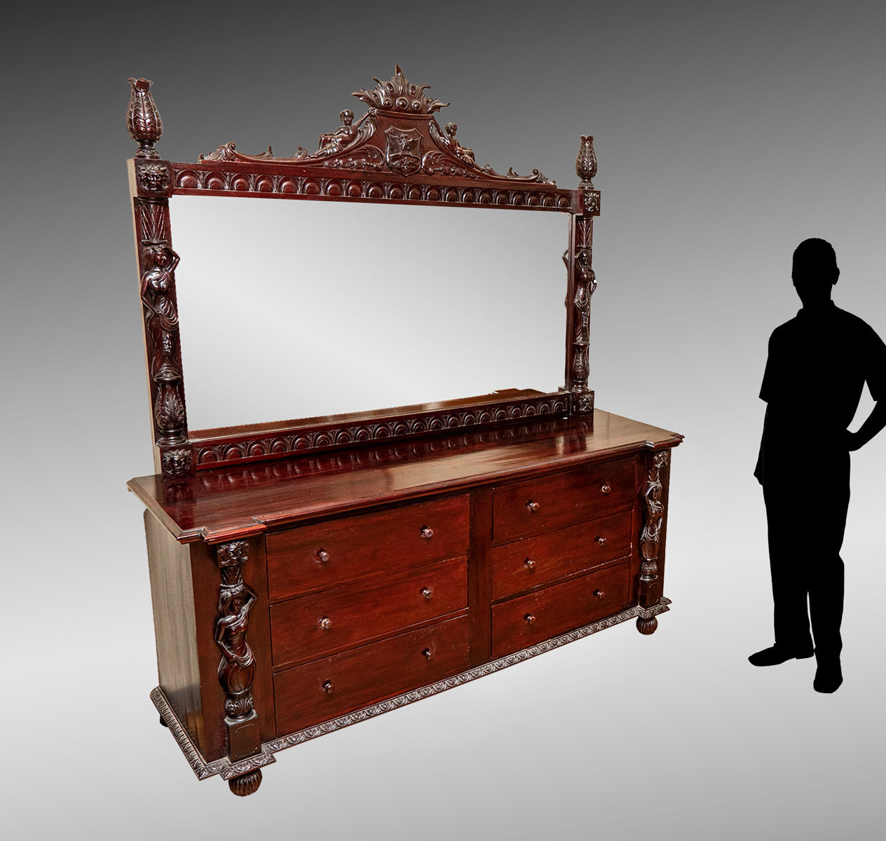 Appraisal: CARVED DRESSER WITH MIRROR Carved Mahogany figural - drawer dresser