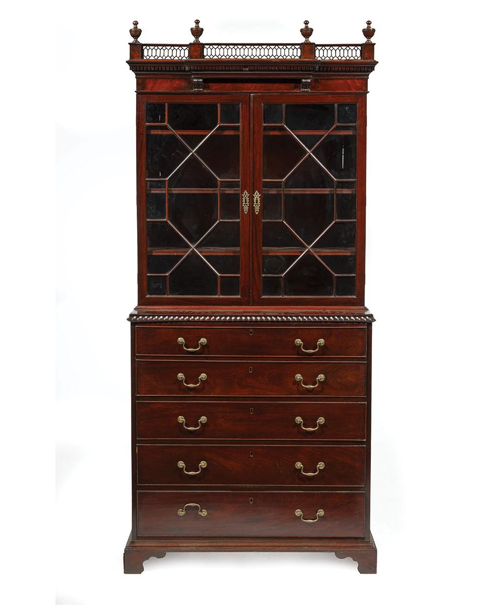 Appraisal: Antique Irish Carved Mahogany Secretary-Bookcase th c upper case with