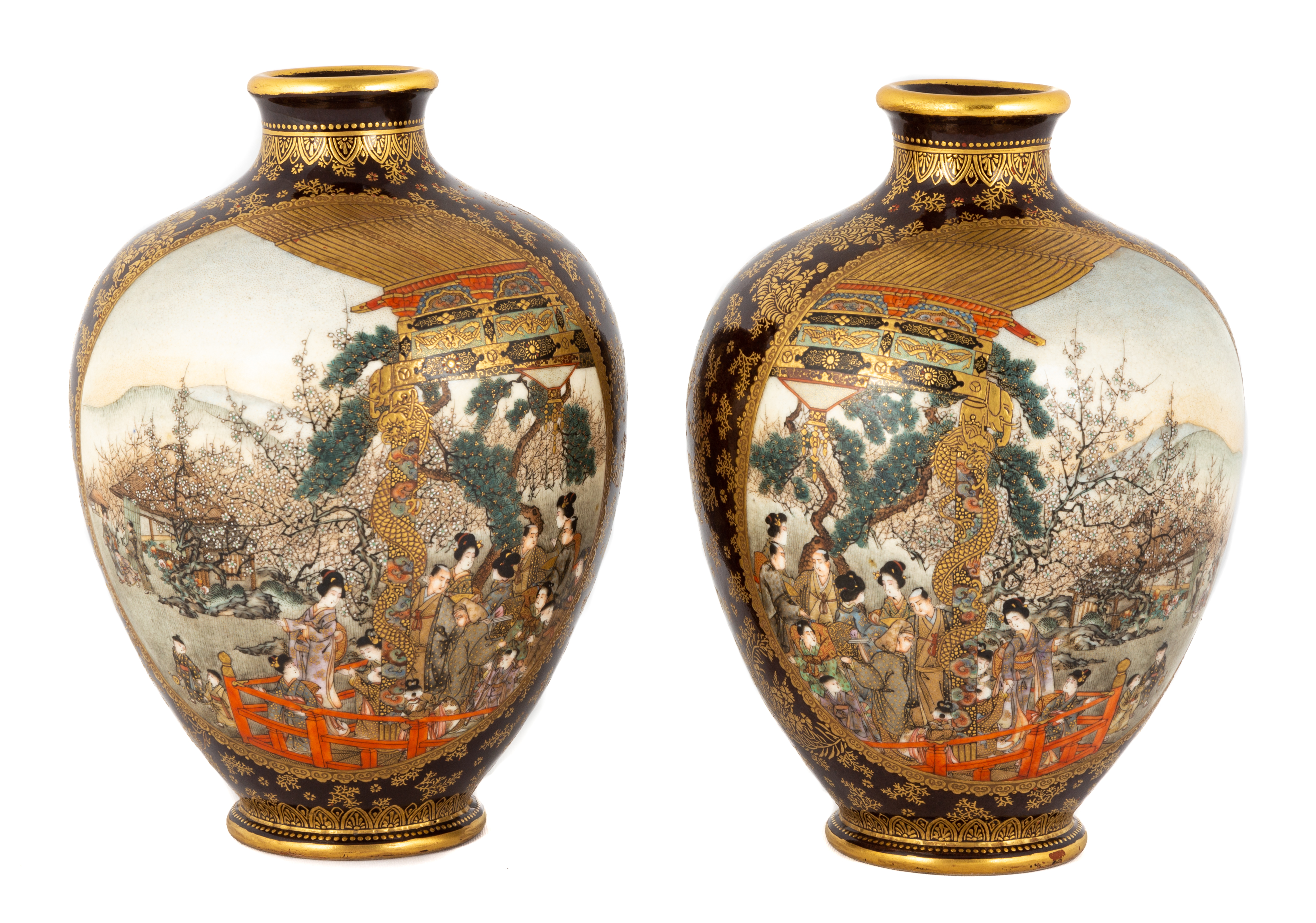 Appraisal: PAIR OF FINE JAPANESE VASES circa Hand painted landscape scenes