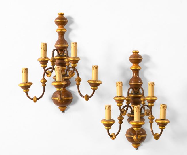 Appraisal: Pair of Continental Turned and Parcel-Gilt Fruitwood and Wrought-Iron Five-Light