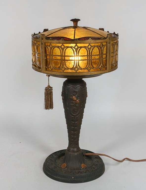 Appraisal: Art Deco table lamp with stained glass shade and metal