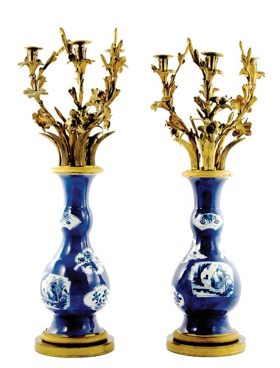 Appraisal: Pair Chinese ormolu-mounted porcelain candelabra th century vase with elongated