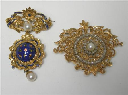 Appraisal: An early th century cultured pearl and diamond set brooch