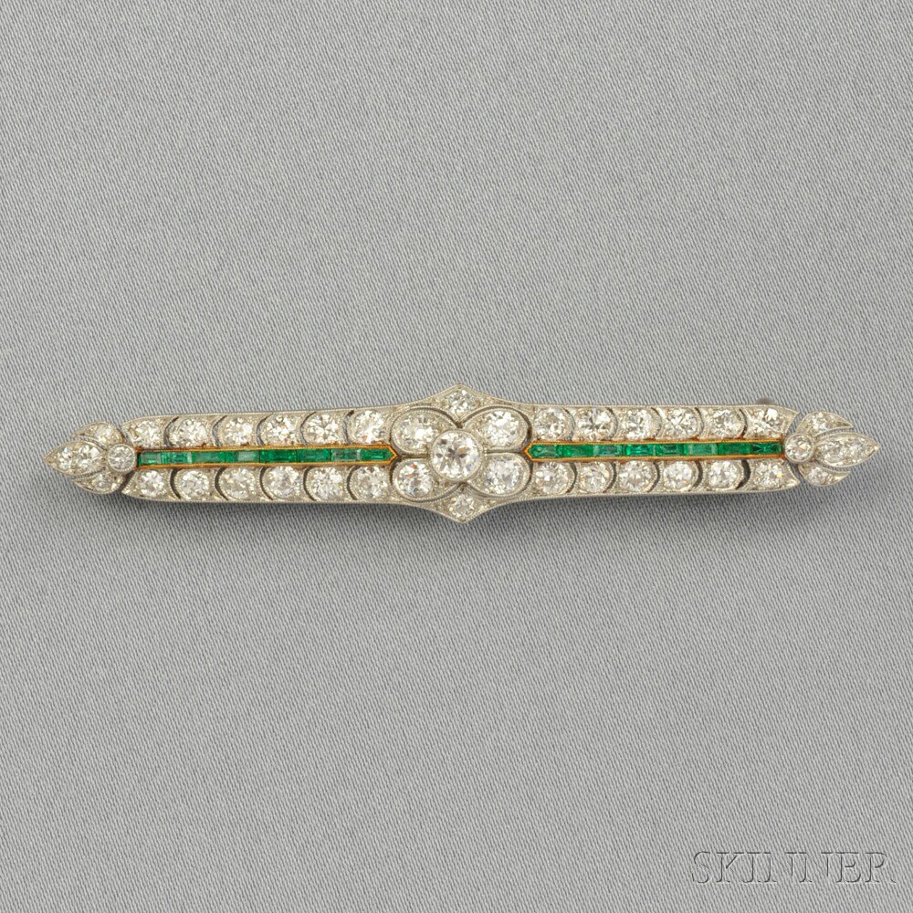 Appraisal: Art Deco Emerald and Diamond Bar Pin set with old