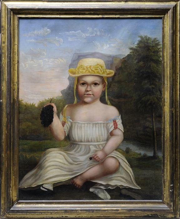 Appraisal: AMERICAN SCHOOL BABY HOLDING GRAPES Oil on canvas x in