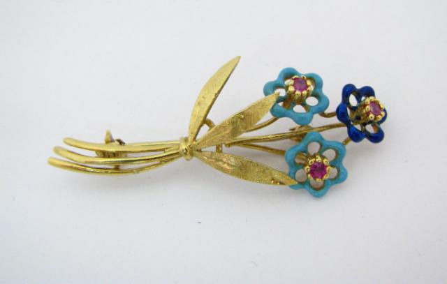 Appraisal: K Yellow Gold Ruby Enamel Floral Pin with three flowers