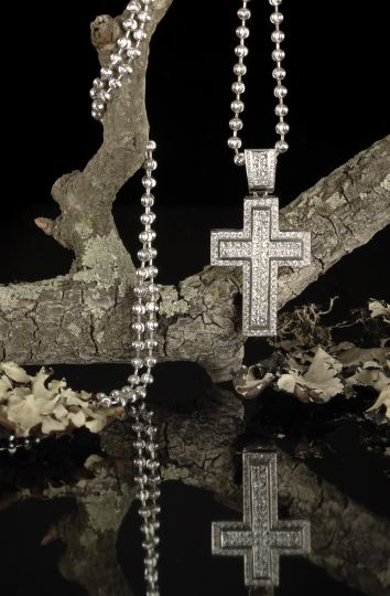 Appraisal: Fine Eighteen-Karat White Gold and Diamond Pendant Cross and Fourteen-Karat