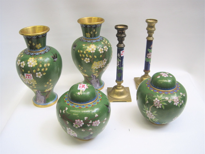 Appraisal: SIX PIECES CHINESE CLOISONNE pair green vases H pair green