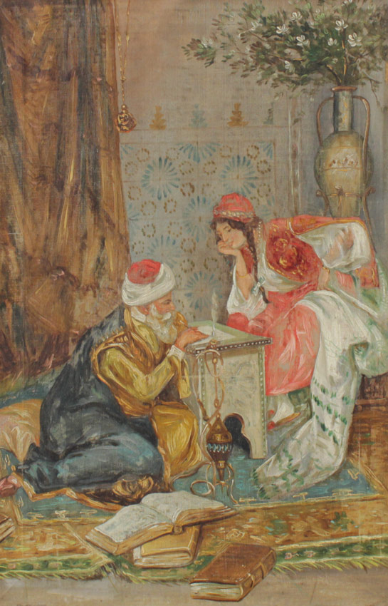 Appraisal: ORIENTALIST INTERIOR PAINTING WITH BEARDED MAN WOMAN Circa Oil Canvas