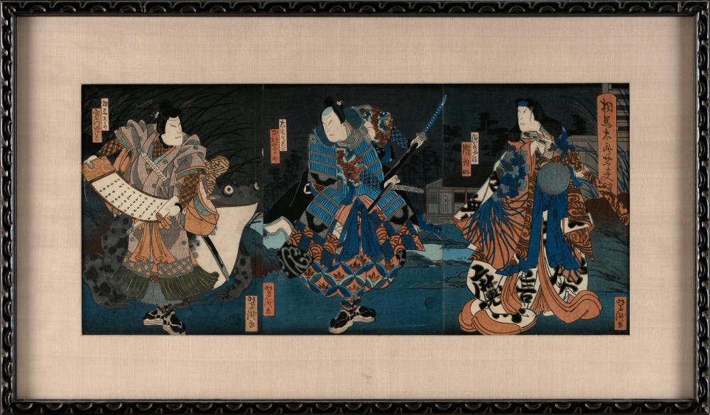 Appraisal: UTAGAWA KUNIYOSHI JAPAN - TRIPTYCH DEPICTING THREE KABUKI ACTORS WOODBLOCK