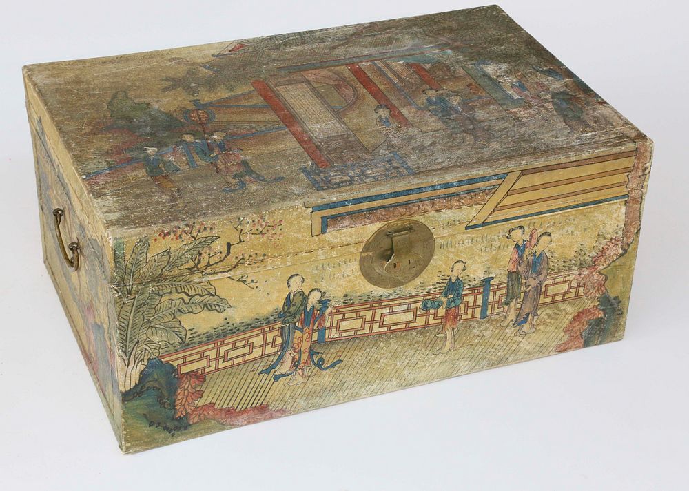 Appraisal: Chinese Pigskin Leather Storage Trunk with Landscape Decoration th Century