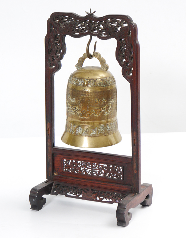 Appraisal: CHINESE BRASS TEMPLE BELL ON STAND Bell with cast geometric