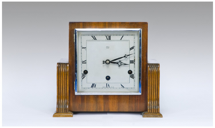 Appraisal: Art Deco Walnut Mantle Clock Square Silvered Dial With Roman