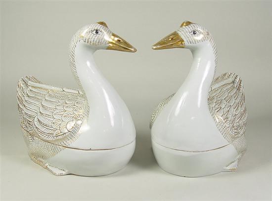 Appraisal: Pair of Chinese Swan Tureens th Century Celadon colored body