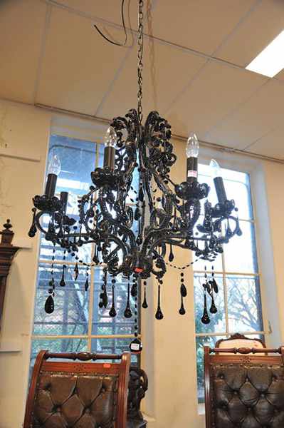 Appraisal: A DECORATIVE BLACK EIGHT BRANCH GLASS CHANDELIER Accessories in office