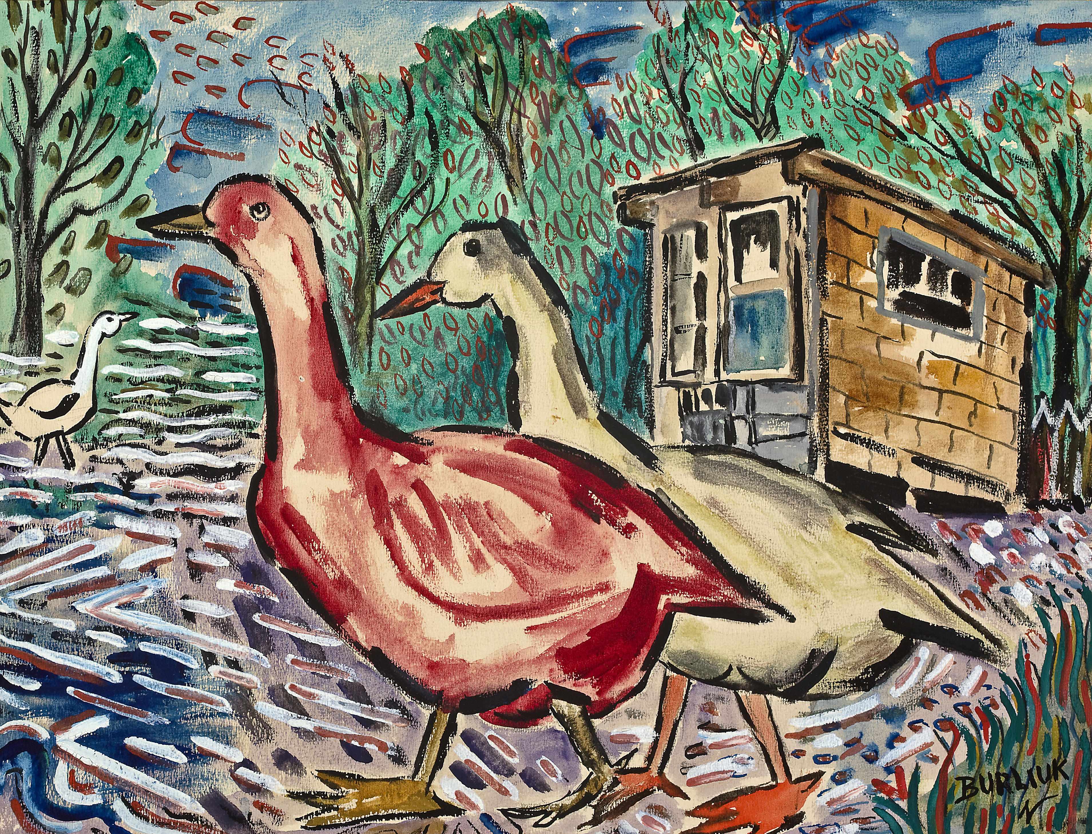 Appraisal: David Burliuk Russian American - Ducks in a yard signed