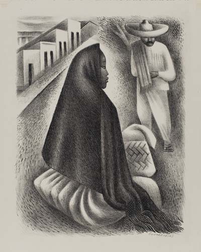 Appraisal: MIGUEL COVARRUBIAS Mexican Street Scene Lithograph circa x mm x