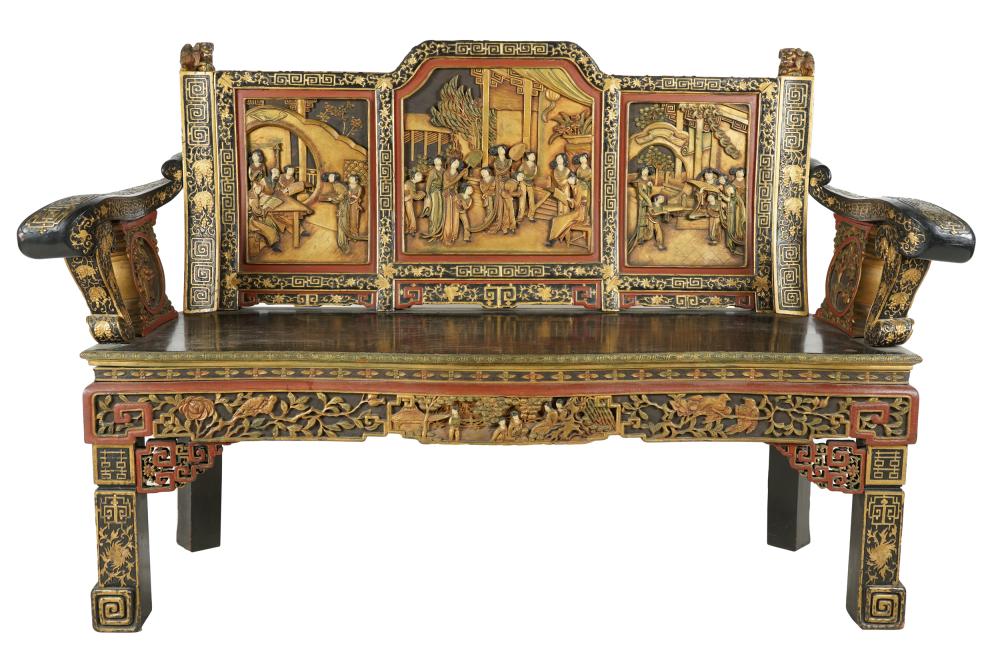 Appraisal: CHINESE-STYLE CARVED PAINTED GILT BENCH th century Condition with wear