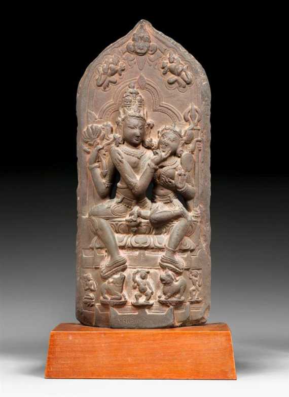 Appraisal: A HARMONIOUS BLACK STONE STELE OF UMAMAHESHVARA India Pala th