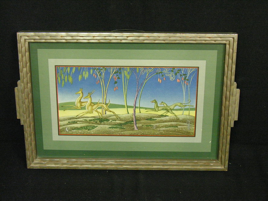 Appraisal: DECO ELMO KREPS FRAMED PRINT Deer and dogs Original frame