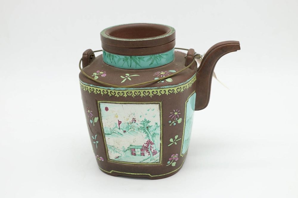 Appraisal: YIXING ENAMEL TEAPOT TH C a good Yixing stoneware ewer