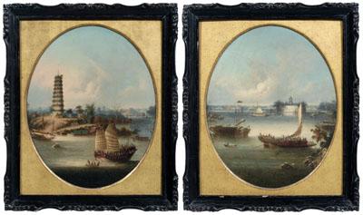 Appraisal: Pair China trade paintings Namcheong laden Chinese junk at the