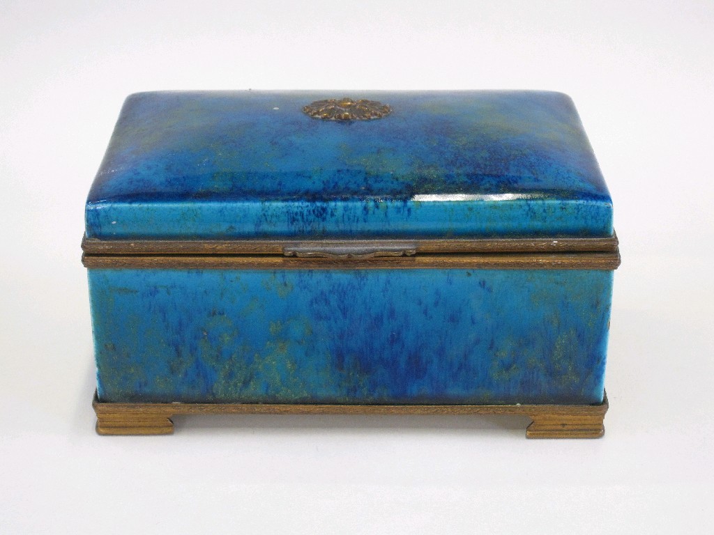 Appraisal: French porcelain box with ormolu mounts with mottled green blue