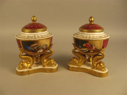 Appraisal: Pair of Derby style porcelain pastille burners th century The